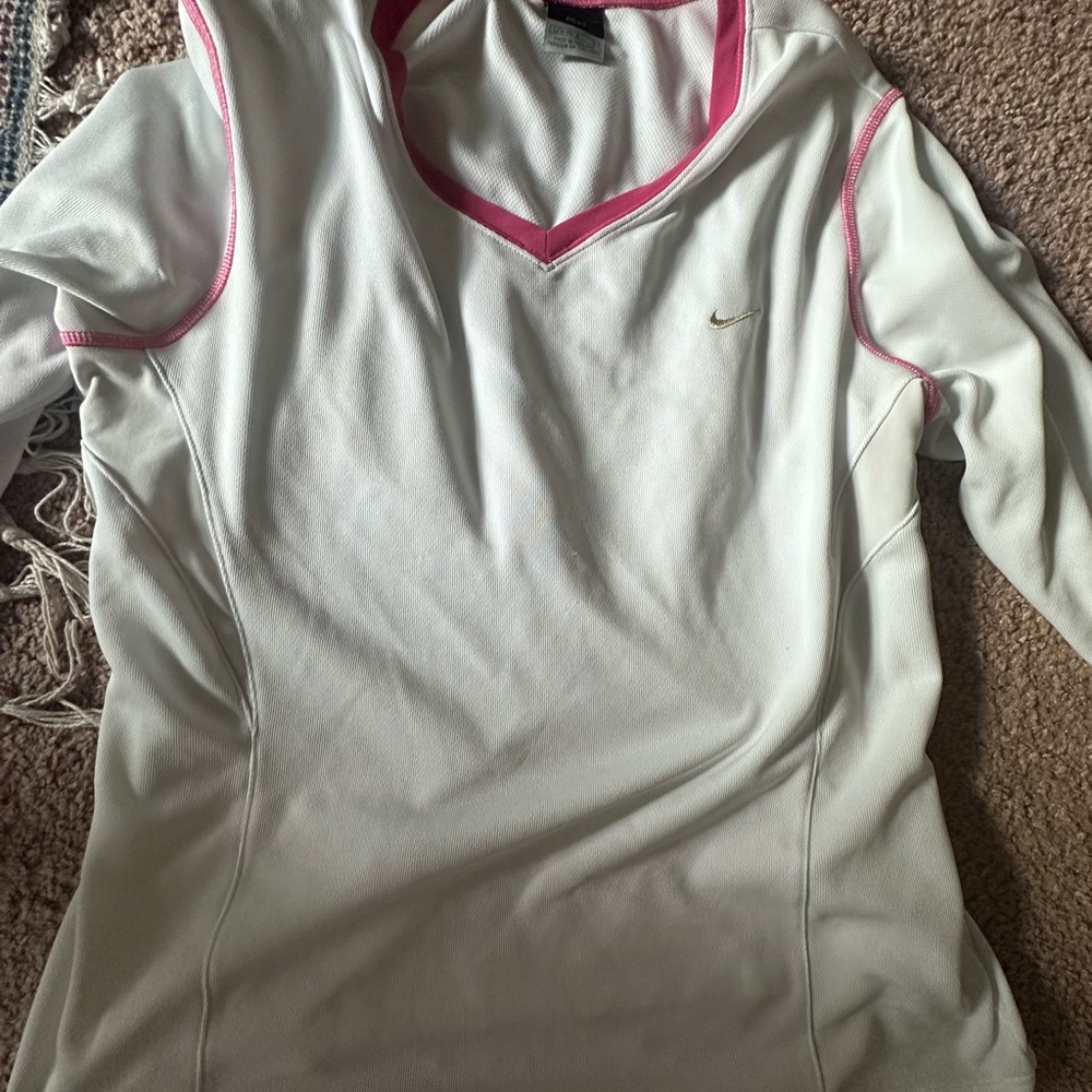 Nike Women's Long Sleeve White Top with Pink Trim